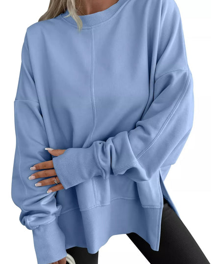 Side Slit Round Neck Long Sleeve Sweatshirt Light Blue
