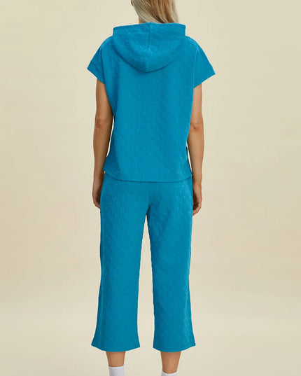 Double Take Full Size Texture Drawstring Short Sleeve Hoodie and Pocketed Pants Set