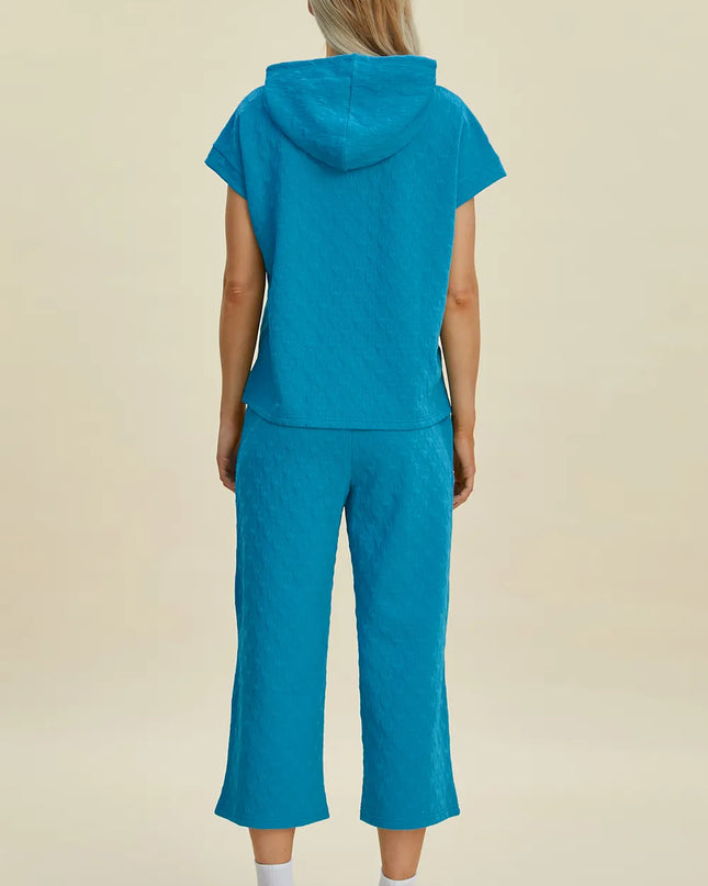 Double Take Full Size Texture Drawstring Short Sleeve Hoodie and Pocketed Pants Set