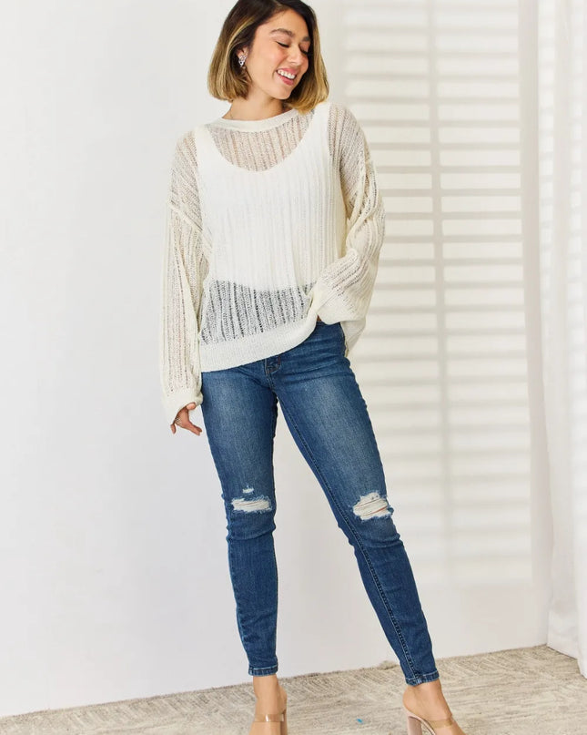 HYFVE Openwork Ribbed Trim Long Sleeve Knit Top