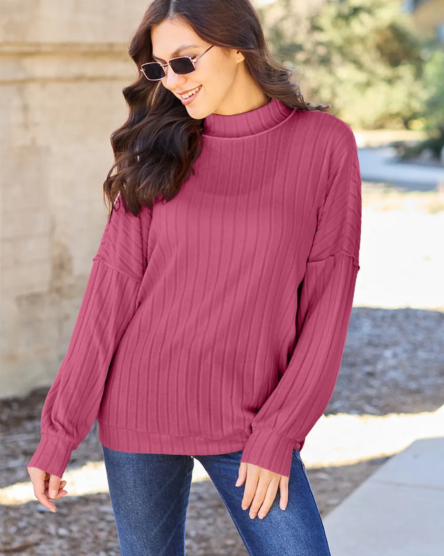 Basic Bae Full Size Ribbed Exposed Seam Mock Neck Knit Top Hot Pink