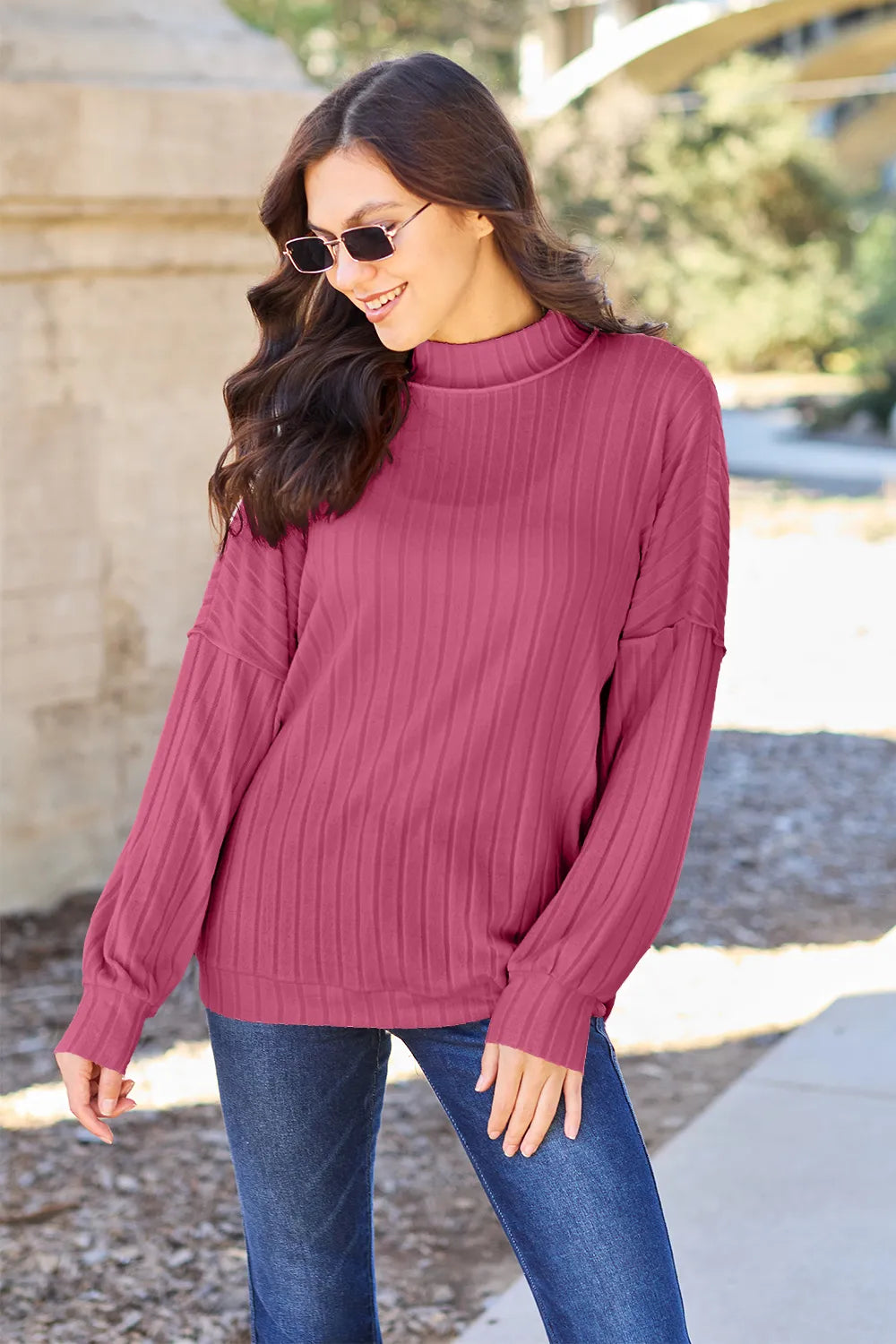 Basic Bae Full Size Ribbed Exposed Seam Mock Neck Knit Top Hot Pink