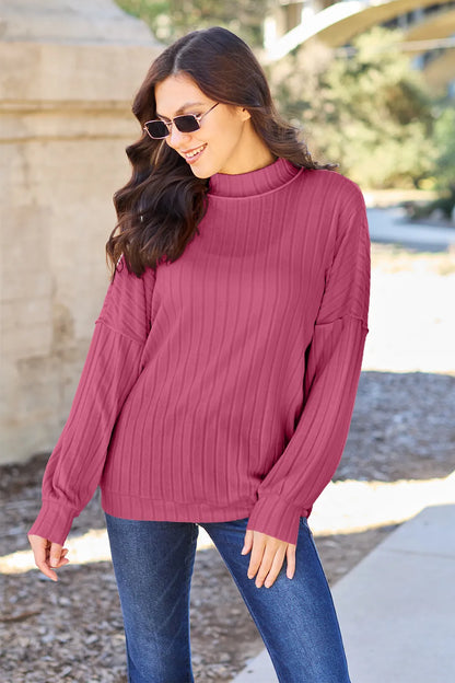 Basic Bae Full Size Ribbed Exposed Seam Mock Neck Knit Top Hot Pink