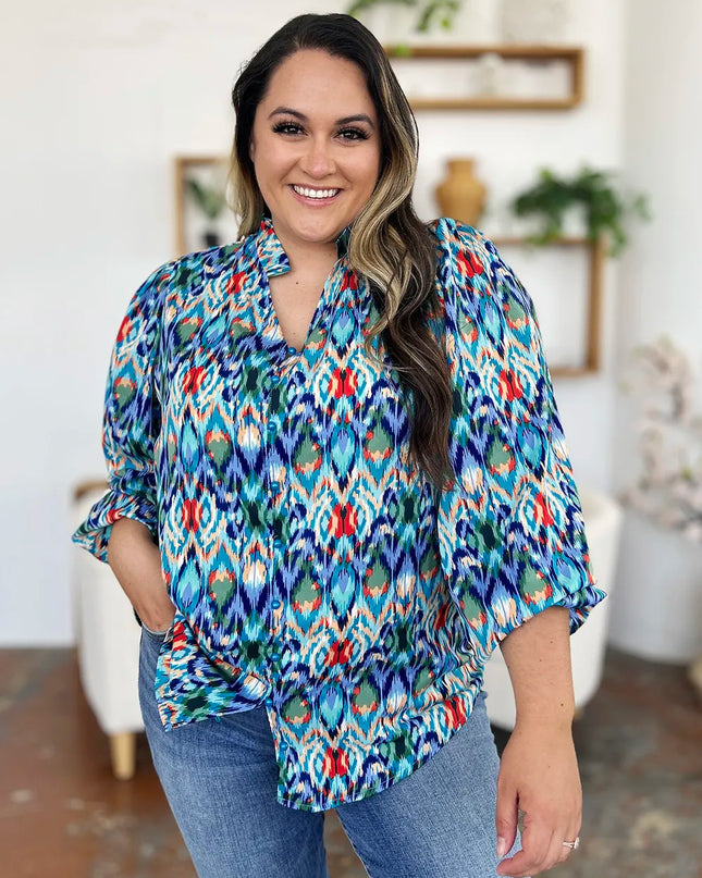 Double Take Full Size Printed Balloon Sleeve Blouse