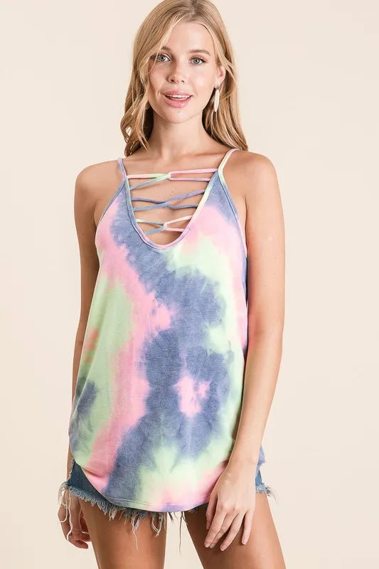 BiBi Tie Dye Terry Camisole with Caged Neck CHARCOAL TIE DYE