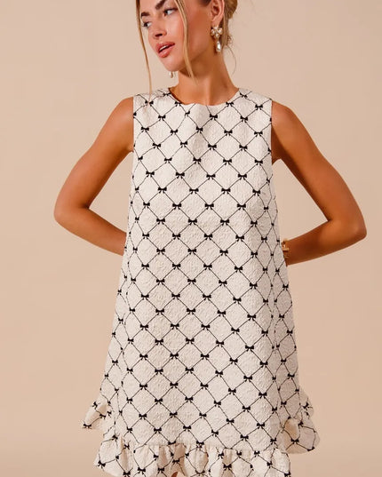 SO ME Texture Bow Printed Mini Ruffle Dress