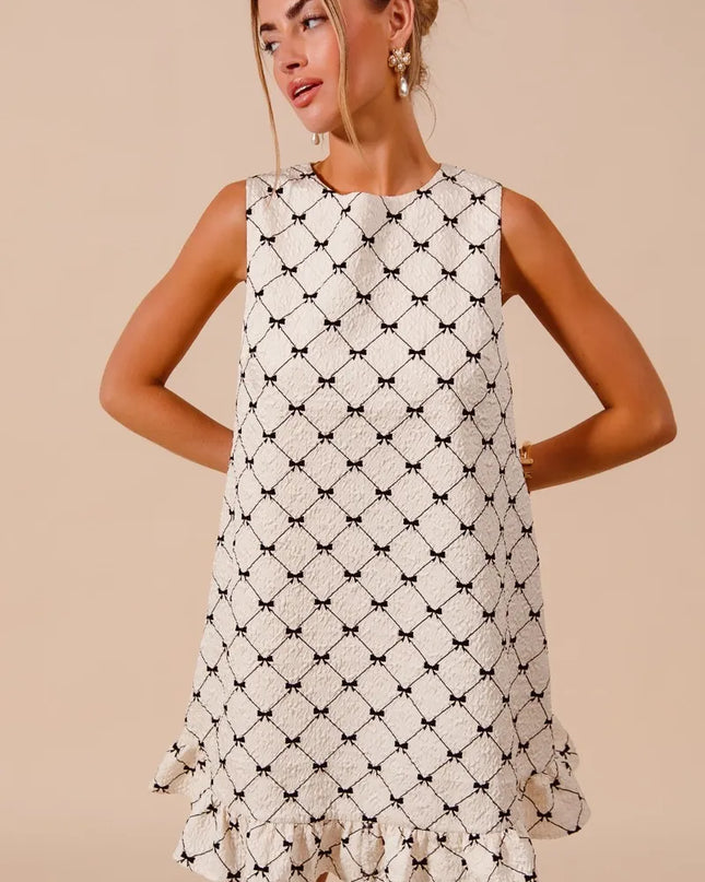 SO ME Texture Bow Printed Mini Ruffle Dress