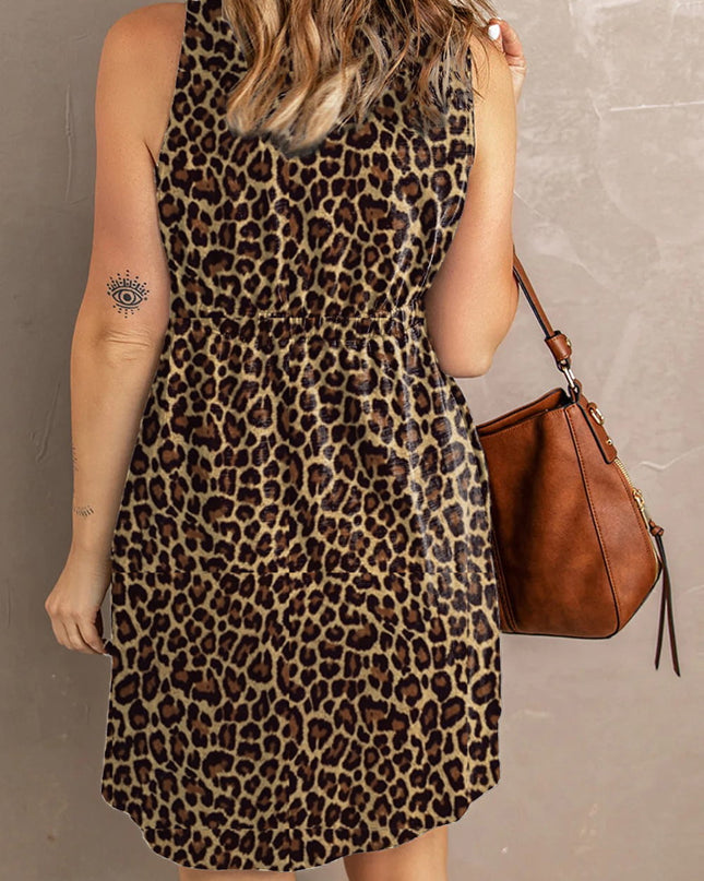 Double Take Printed Scoop Neck Sleeveless Buttoned Magic Dress with Pockets