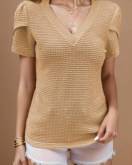 V-Neck Petal Sleeve Blouse Camel