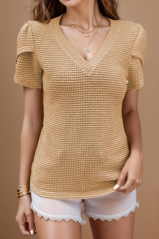 V-Neck Petal Sleeve Blouse Camel