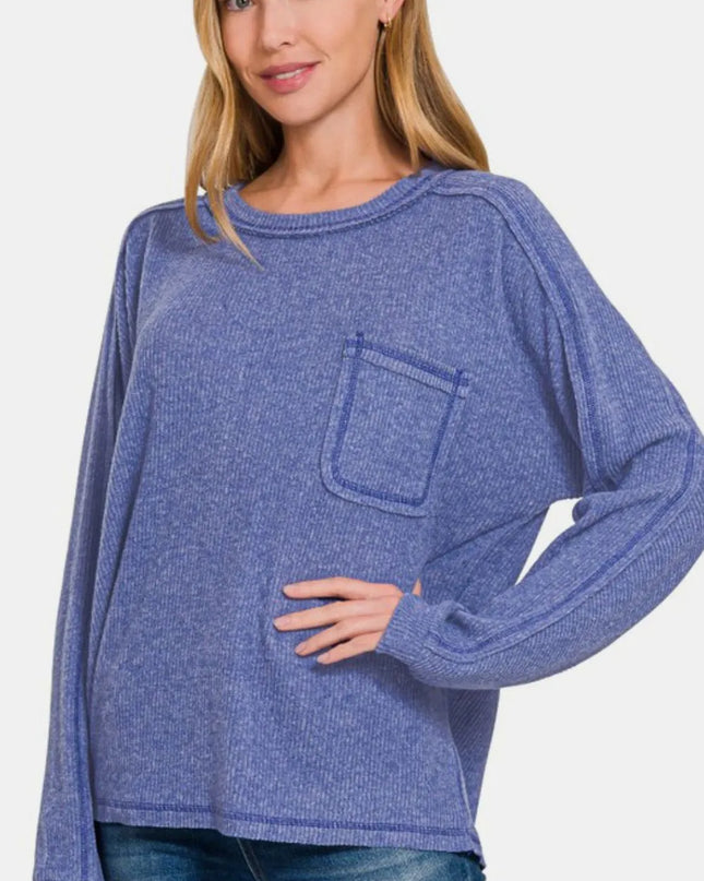 Zenana Full Size Contrast Stitching Brushed Ribbed Hacci Knit Top Blue Purple
