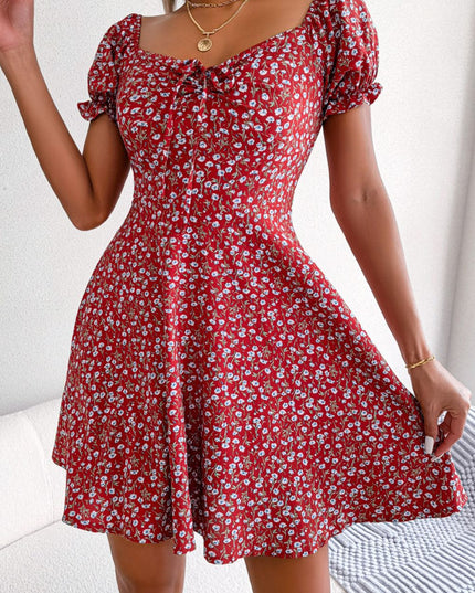 Ditsy Floral Drawstring A-Line Dress Red
