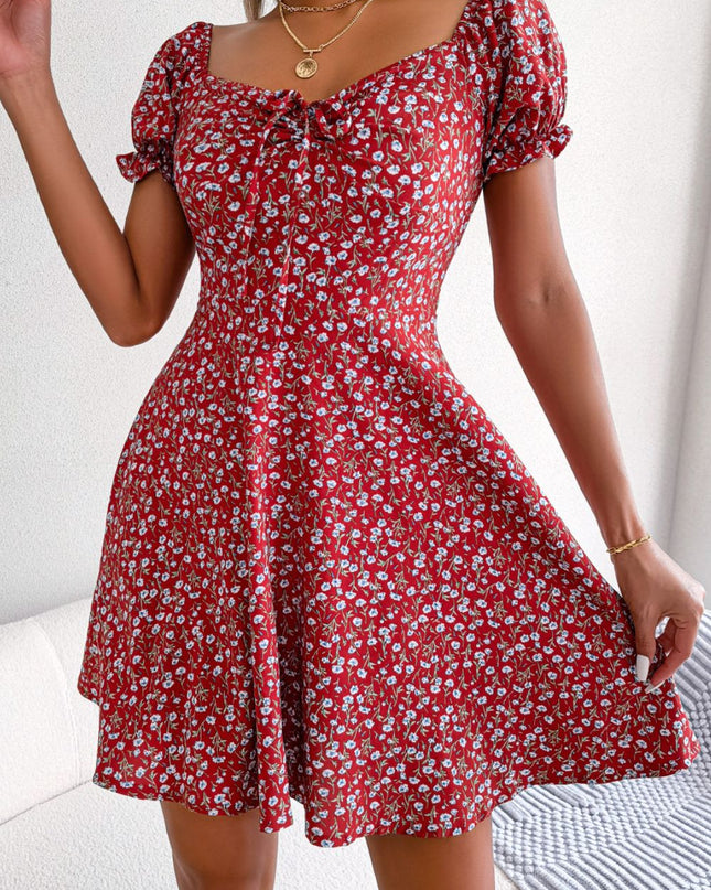 Ditsy Floral Drawstring A-Line Dress Red
