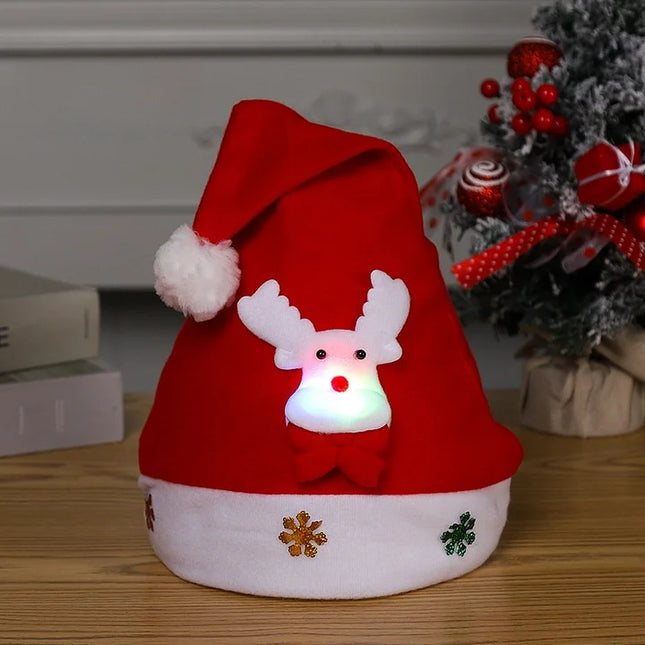 2 Pieces Hot Selling Christmas Cartoon Santa Claus Hat With Lights Red Non-woven Fabric Christmas Gift