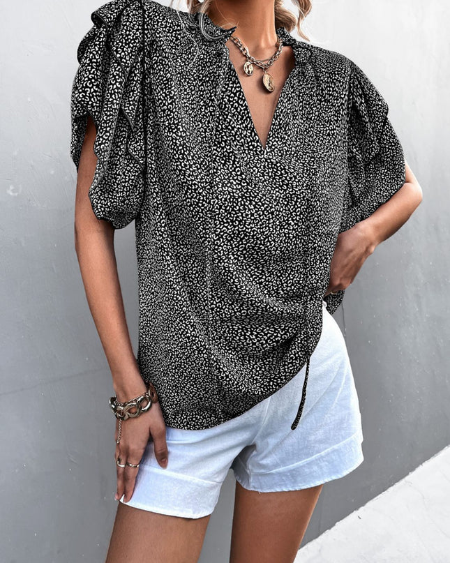 Printed Flutter Sleeve V-Neck Top