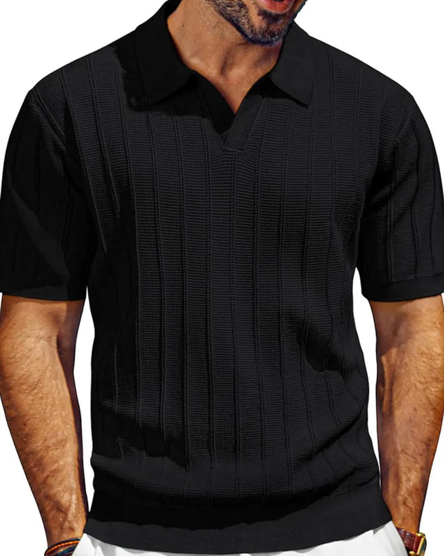 Men's Full Size Textured Collared Neck Short Sleeve Polo Plus Size Black