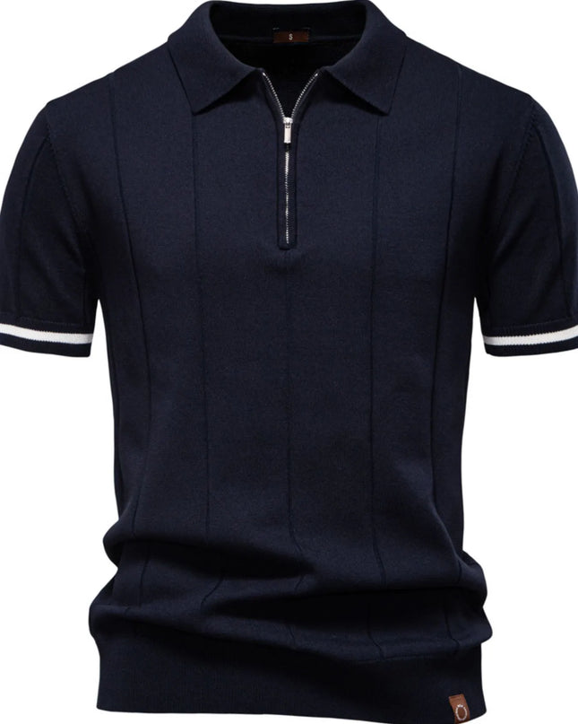 Men's Classic Zip-Neck Knitted Polo Shirt Navy