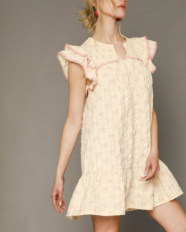 Umgee Bow Print Ruffled Cap Sleeve Mini Dress