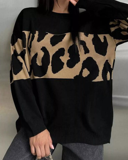 Leopard Color Block Round Neck Sweater