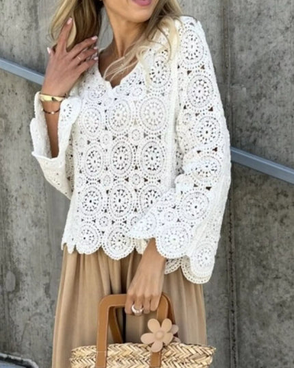 Crochet Lace V-Neck Bell Sleeve Knit Top