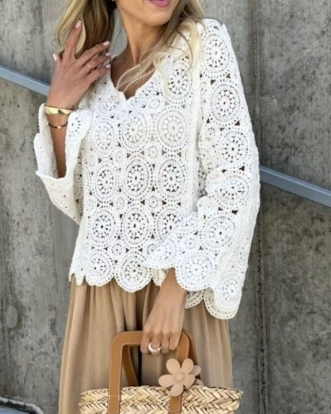 Crochet Lace V-Neck Bell Sleeve Knit Top
