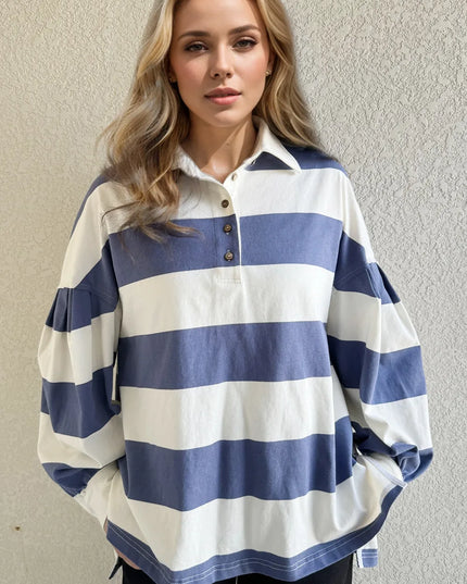Oh Pima Cotton Wash Wide Striped Collared Neck Long Sleeve Top