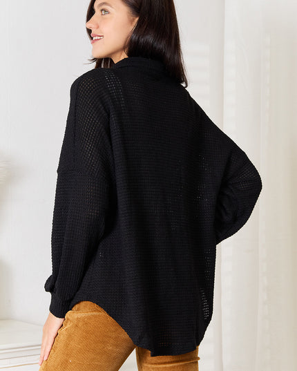 Double Take Waffle-Knit Collared Neck Dropped Shoulder Shirt