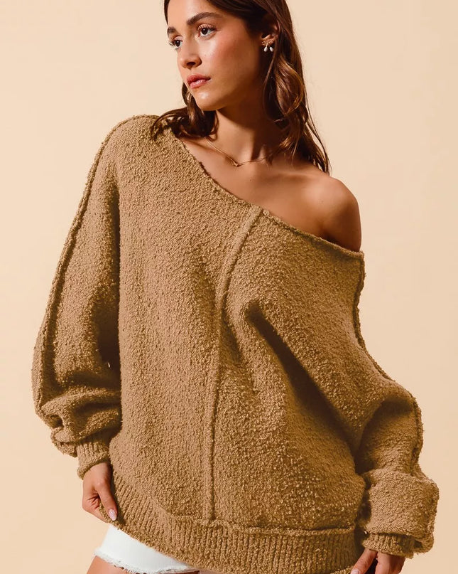 SO ME Loose Fit Exposed Seam Slouchy Boucle Sweater