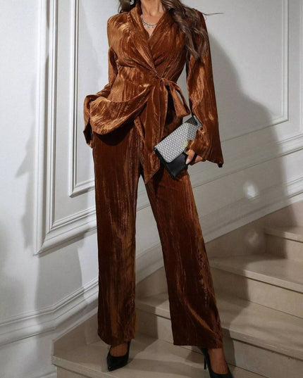 Velvet Tie Waist Blazer and Pants Set Tan