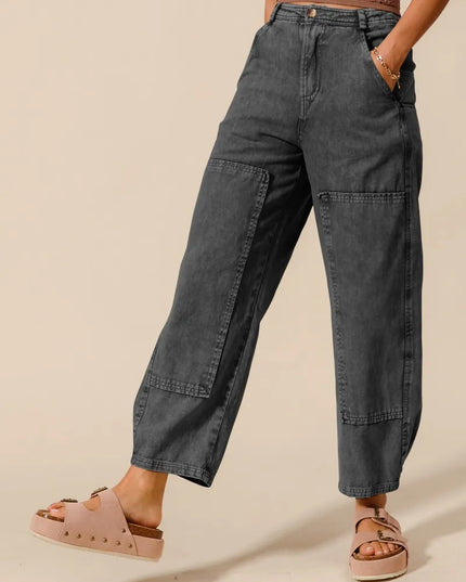 SO ME Mineral Washed Mid Rise Barrel Shape Pants CHARCOAL BLACK