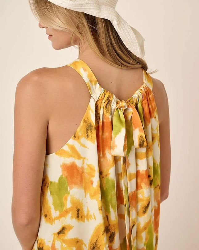 Mittoshop Watercolor Print Halter Neck Satin Maxi Dress 