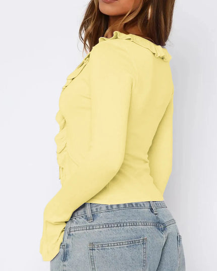 Ruffled Tie Front Flare Sleeve Shirt