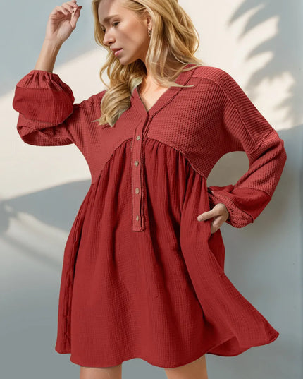 Double Take Waffle-Knit Contrast Half Button V-Neck Long Sleeve Mini Dress Red