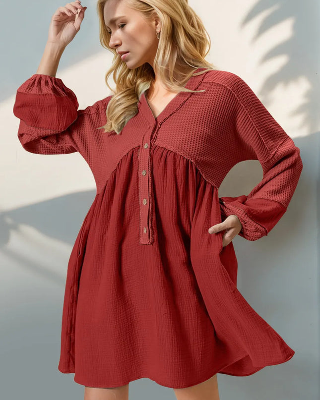 Double Take Waffle-Knit Contrast Half Button V-Neck Long Sleeve Mini Dress Red