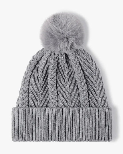 Cable Knit Solid Color Hat with Pompom Gray One Size