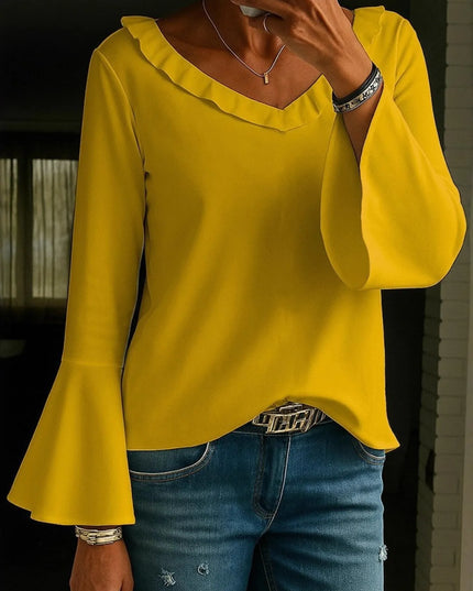 Full Size Ruffled V-Neck Bell Sleeve Top Plus Size Yellow