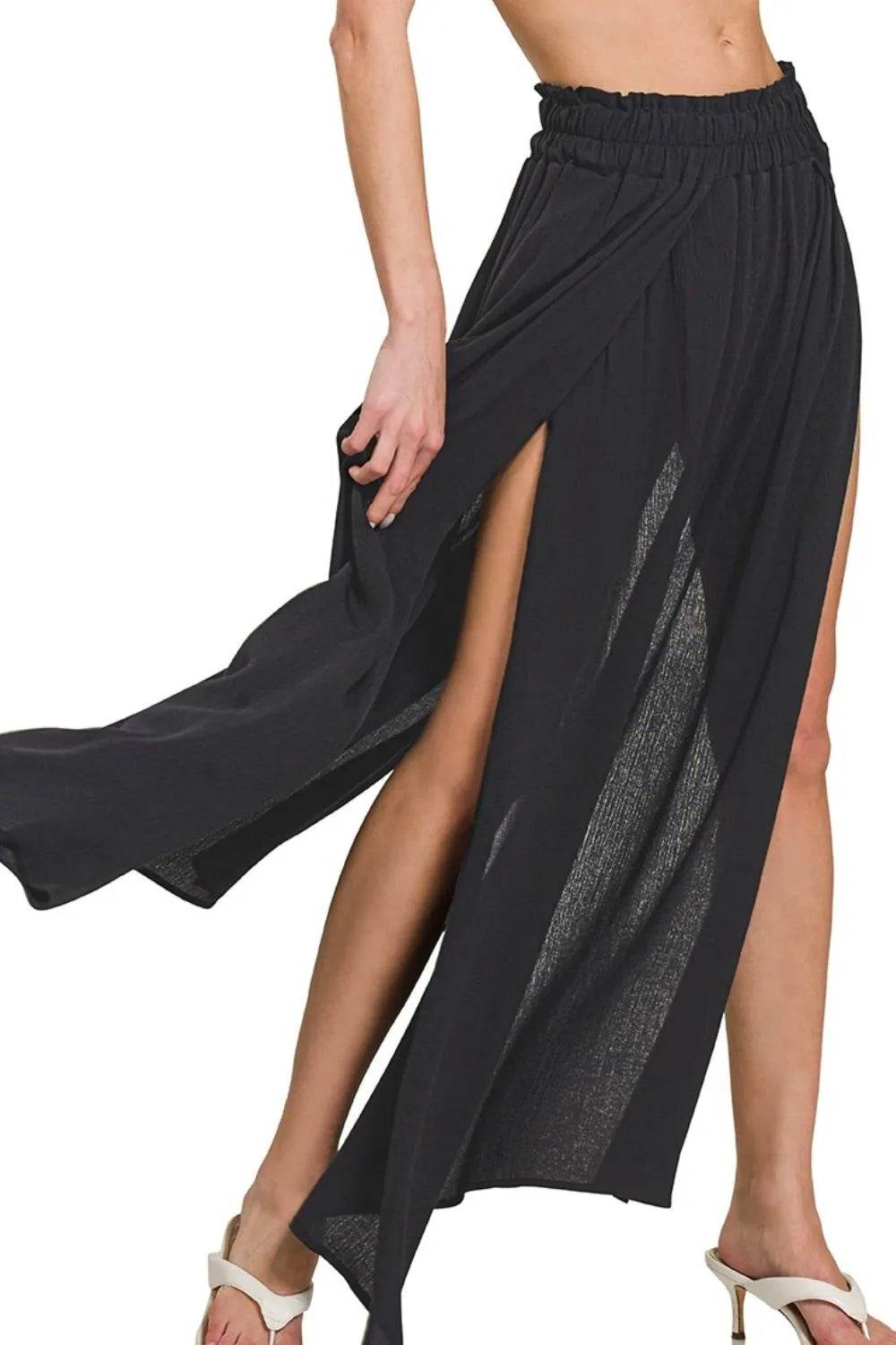Zenana Woven Crinkle Gauze Long Skirts BLACK