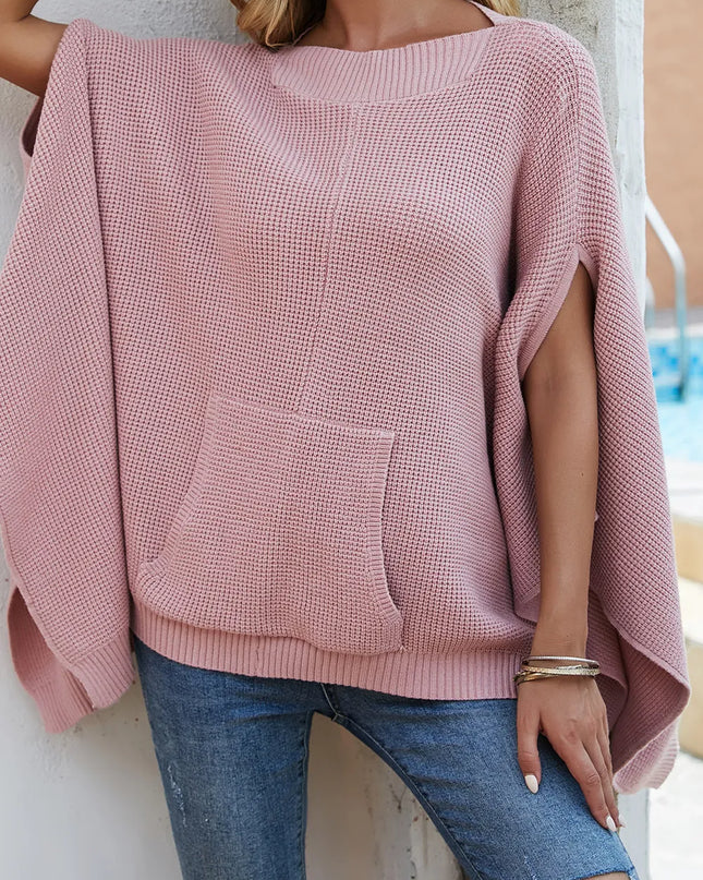 Waffle-Knit Pocketed Cape Sleeve Sweater Pink