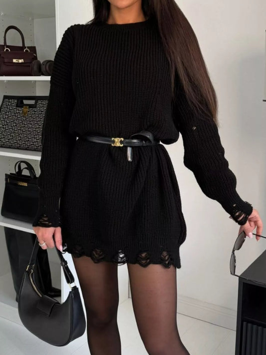Distressed Round Neck Drop Shoulder Sweater Dress Black