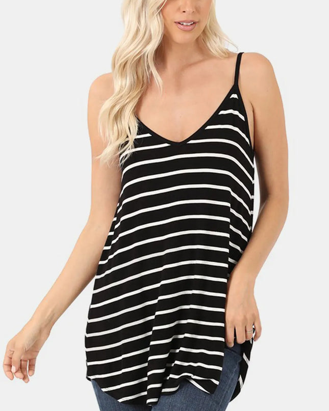 Zenana Striped V-Neck Curved Hem Cami BLACK IVORY