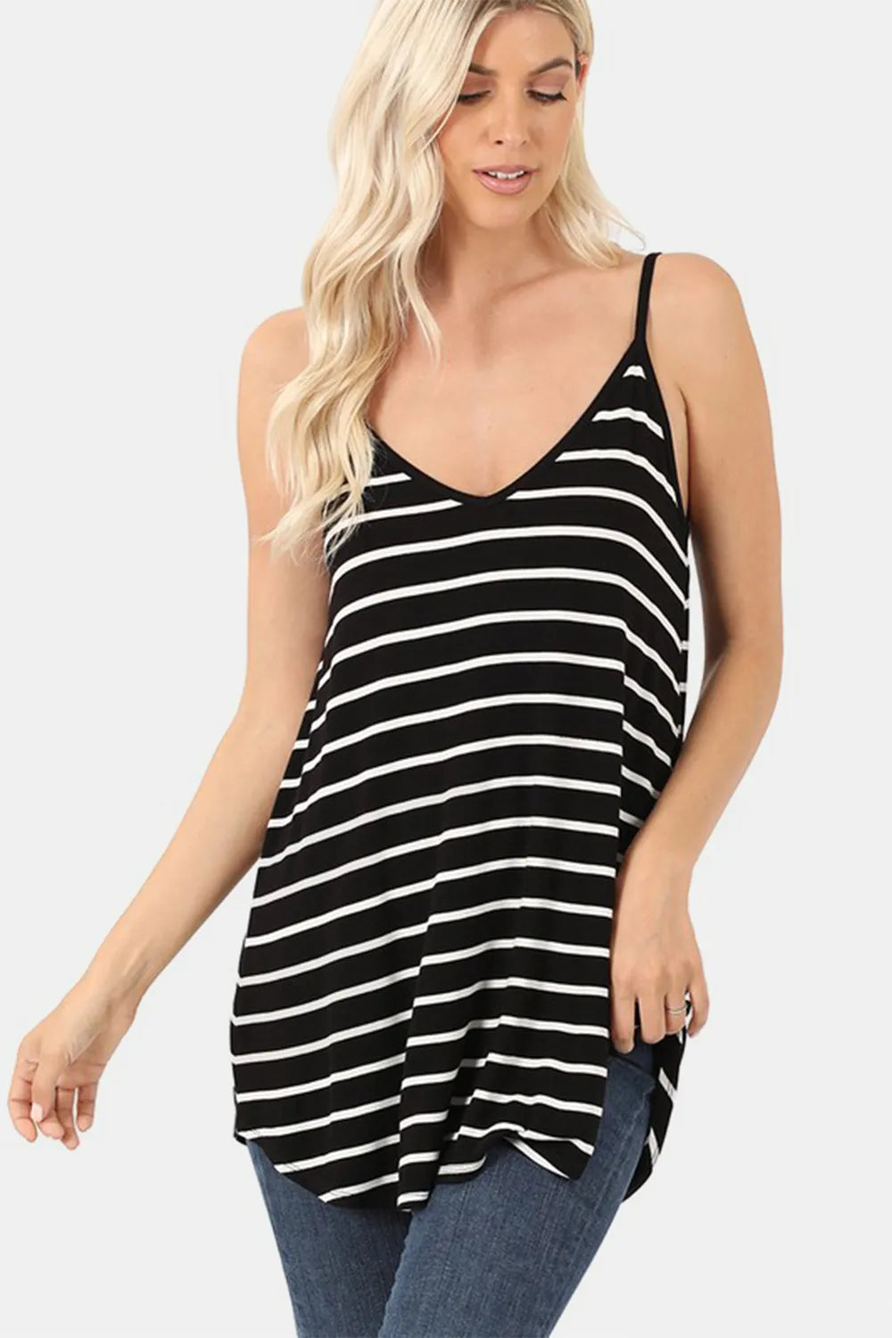 Zenana Striped V-Neck Curved Hem Cami BLACK IVORY