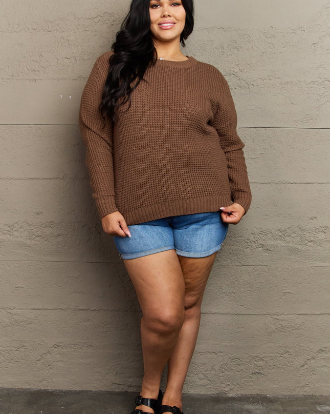 Zenana Breezy Days Plus Size High Low Waffle Knit Sweater