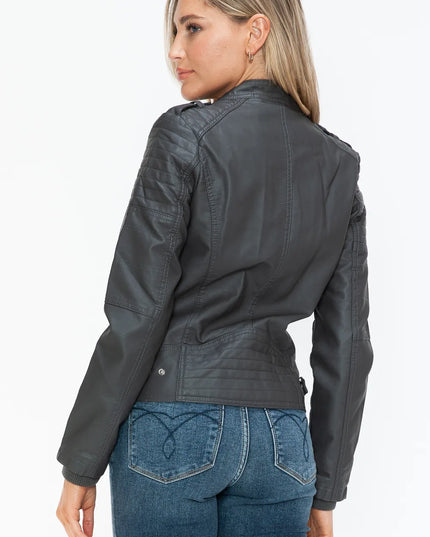 Snobbish PU Leather Biker Jacket with Side Zip Pockets