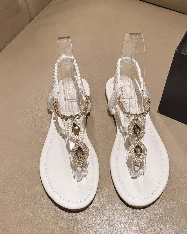 Rhinestone T-Strap Flat Sandals 