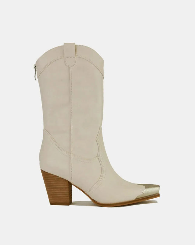 Beast Fashion Metal-Toe Block Heel Ankle Boots Ivory