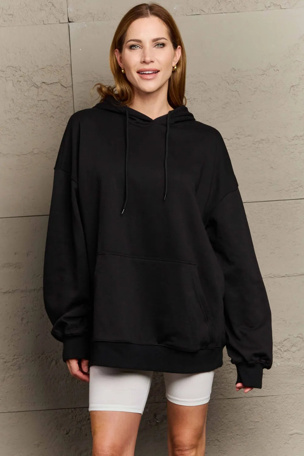 Full Size Drawstring Long Sleeve Hoodie Black