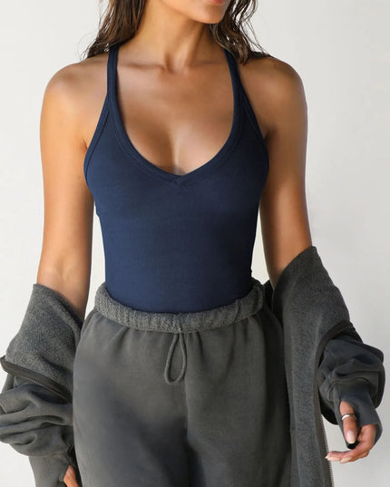 Ribbed V-Neck Halter Tank Top 