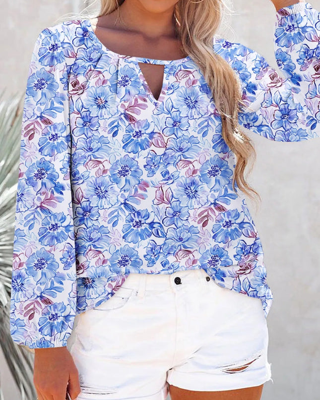Floral Print Keyhole Neck Blouse Light Blue
