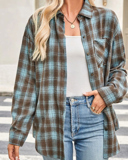 Plaid Button Up Long Sleeve Shirt Turquoise