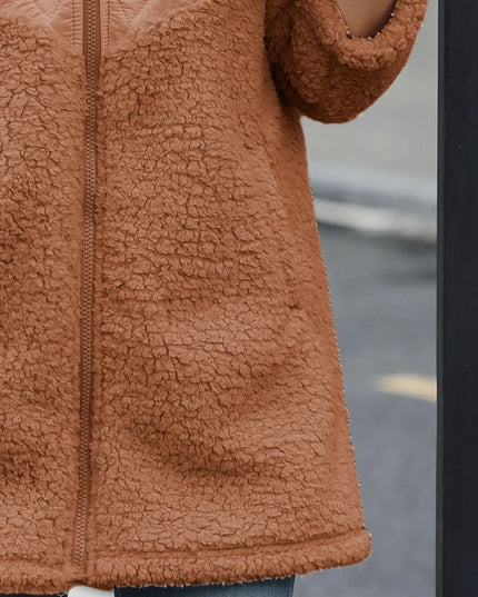 Fuzzy Zip Up Long Sleeve Hooded Jacket